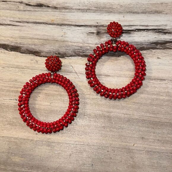 Orange Beaded Hoop Earrings Gold Tone Boho Bohemian Flair - Picture 1 of 6